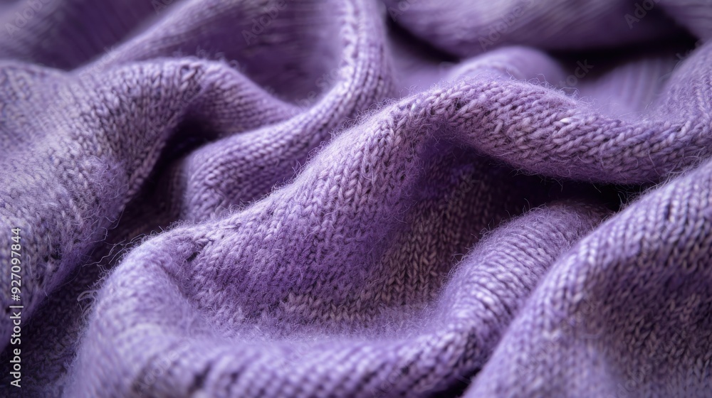 Poster A close up view of soft lilac knitted fabric with a fuzzy texture. The fabric is folded and draped, showing the intricate stitch patterns and the delicate texture of the yarn.
