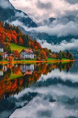 Fototapeta premium A house sitting on top of a lake surrounded by trees