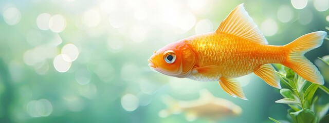 Fototapeta premium A golden fish swims near an aquatic plant, sunlit water gleaming, background softly blurred