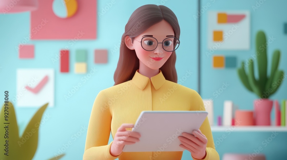 Poster digital business analysis - 3d render of a businesswoman analyzing financial data on a tablet device
