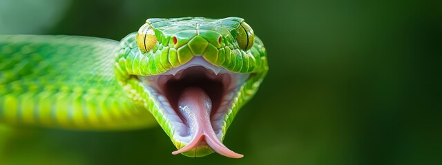 Fototapeta premium A green snake with its mouth open widely