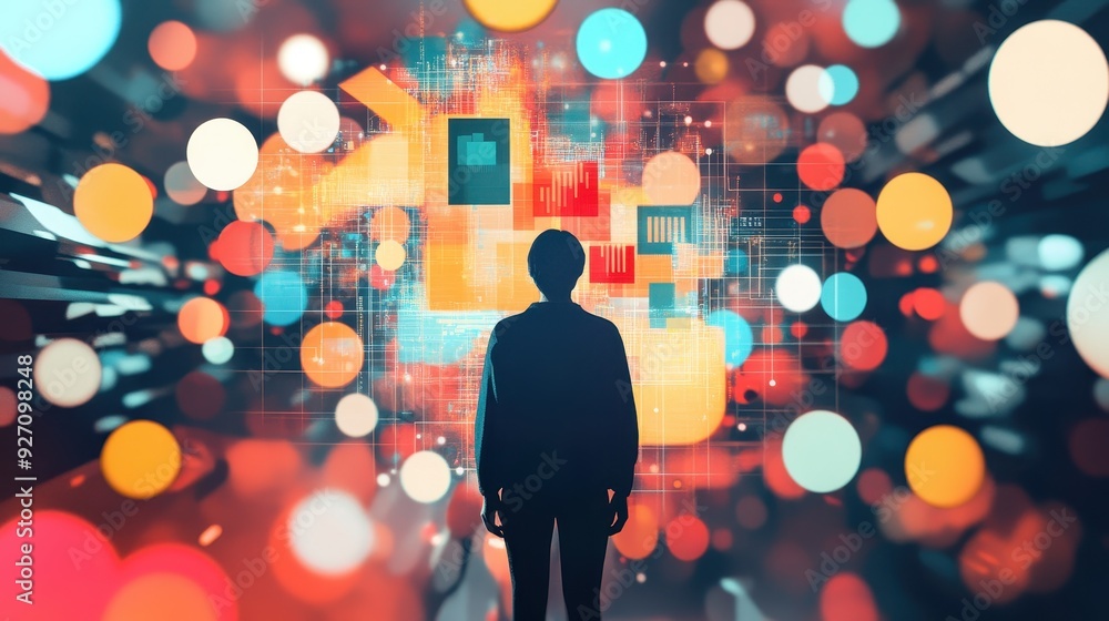 Poster businessman surrounded by floating financial data in 3d space - concept of analysis and growth