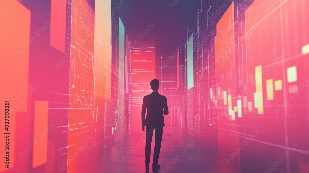 Poster enveloped in financial insights: 3d person immersed in floating data analysis for business growth