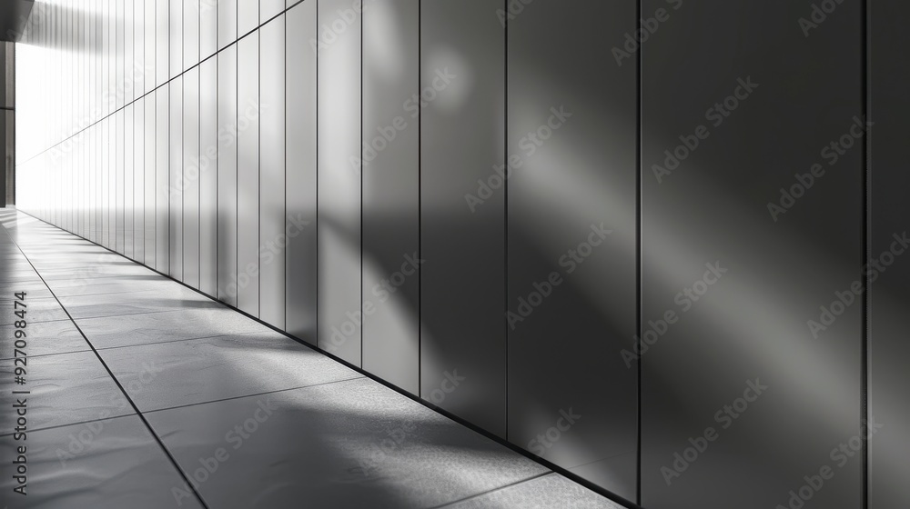 Poster a narrow corridor lined with sleek, grey panels is bathed in sunlight, creating sharp, contrasting s