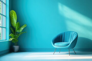 Azure Serenity: A sun-drenched blue room offering a peaceful retreat, featuring a plush velvet armchair and lush green plant. Ideal for interior design, home decor, and lifestyle imagery. 