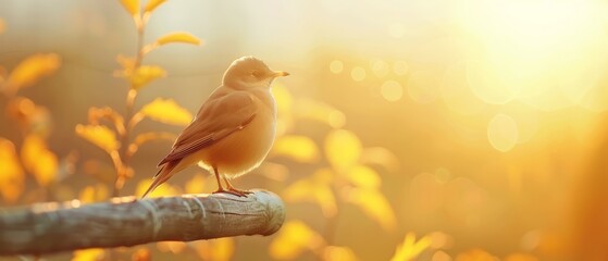  A bird atop a wooden perch, before a golden field of yellow flowers, beneath radiant sunshine