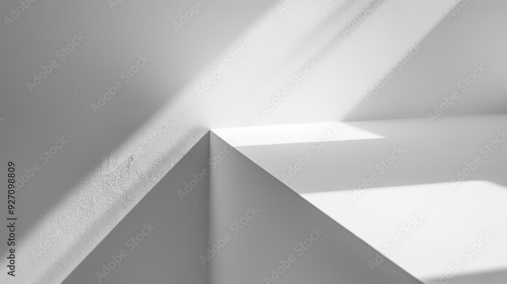 Poster Sunlight shines through a window onto a white wall, creating interesting patterns of light and shadow. The light falls on a corner of the wall, highlighting the texture and shape.