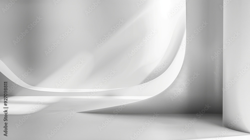 Aufkleber a minimalist interior design featuring a white wall with curved lines and a single beam of sunlight 