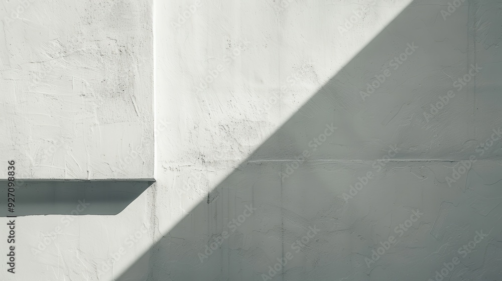 Aufkleber A close-up view of a white wall with a diagonal shadow cast on it from the sun. The wall is textured, with small, uneven bumps. The shadow is sharp and well-defined.
