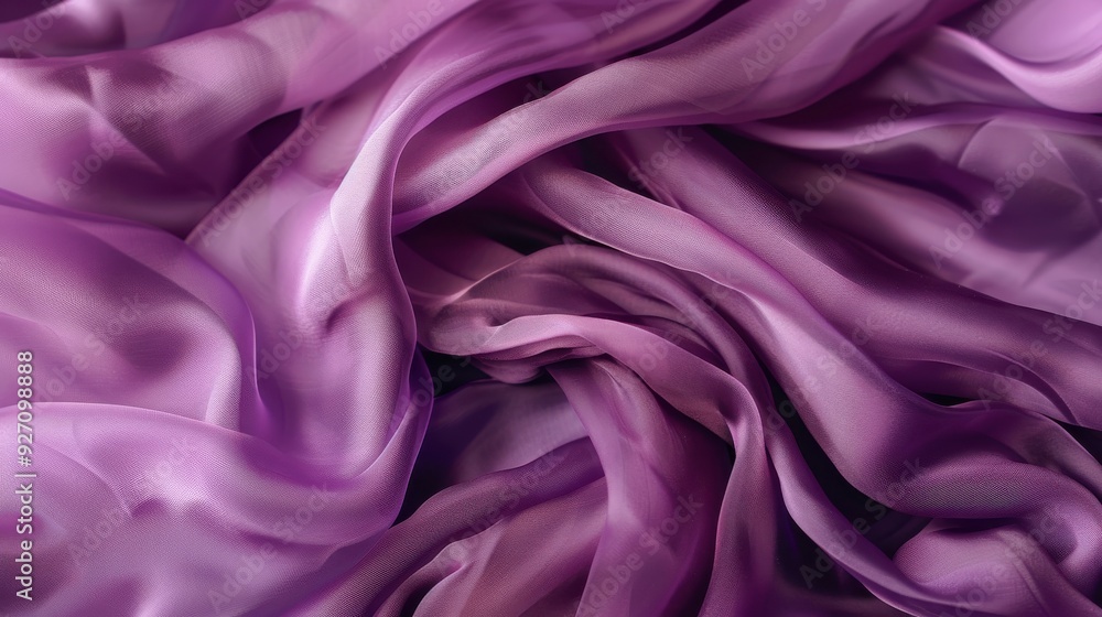 Poster a close-up photo of a piece of purple silk fabric, draped and folded to create a soft, flowing textu