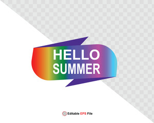 Hello summer button, sun and sale. Vector minimalistic illustration of sun rays, swimming pool with sun lounger and umbrella and tropical palm leaf, orange and sea beach with sand for background