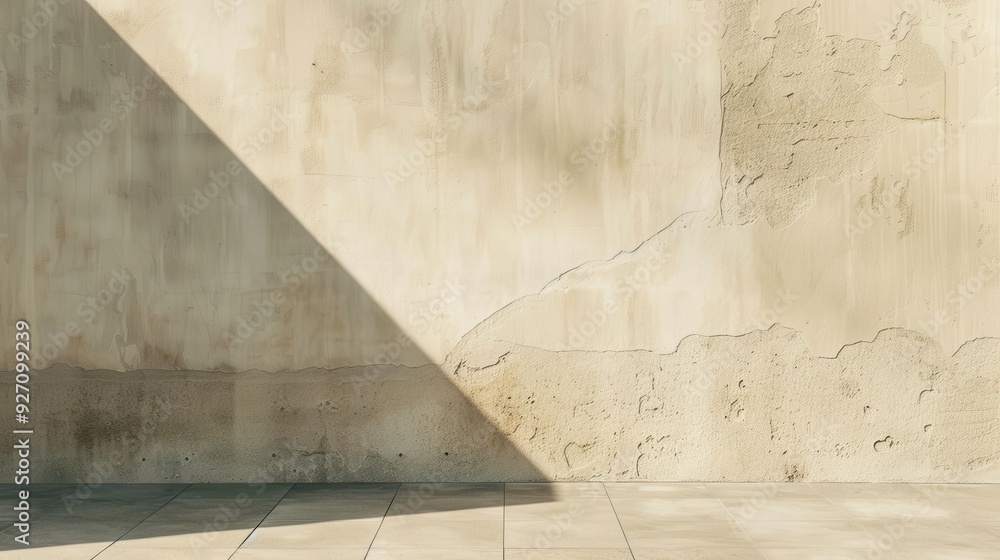 Poster A diagonal shadow stretches across a light-colored concrete wall, creating a triangular shape on the wall and floor. The wall is slightly weathered with visible cracks and imperfections.