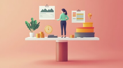 Fototapeta premium Financial Planning Success - 3D Person Balancing Budget for Business Growth and Stability
