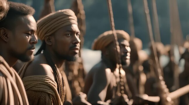 Chain-Bound Ancient Slaves on Maritime Vessel