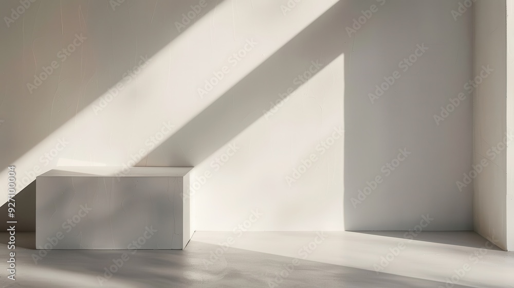 Aufkleber a single white platform sits in an otherwise empty room, bathed in the soft glow of diagonal sunligh