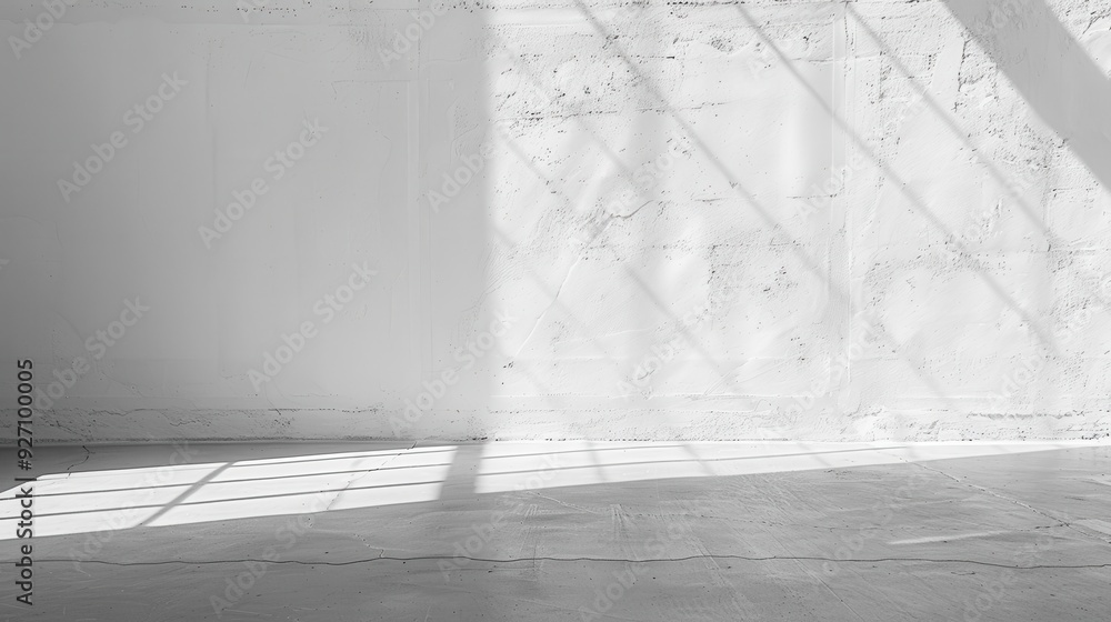 Aufkleber The image shows a wide shot of an empty room, with a concrete floor and a white wall. Light from an unseen window is casting long, diagonal shadows on the floor and wall.