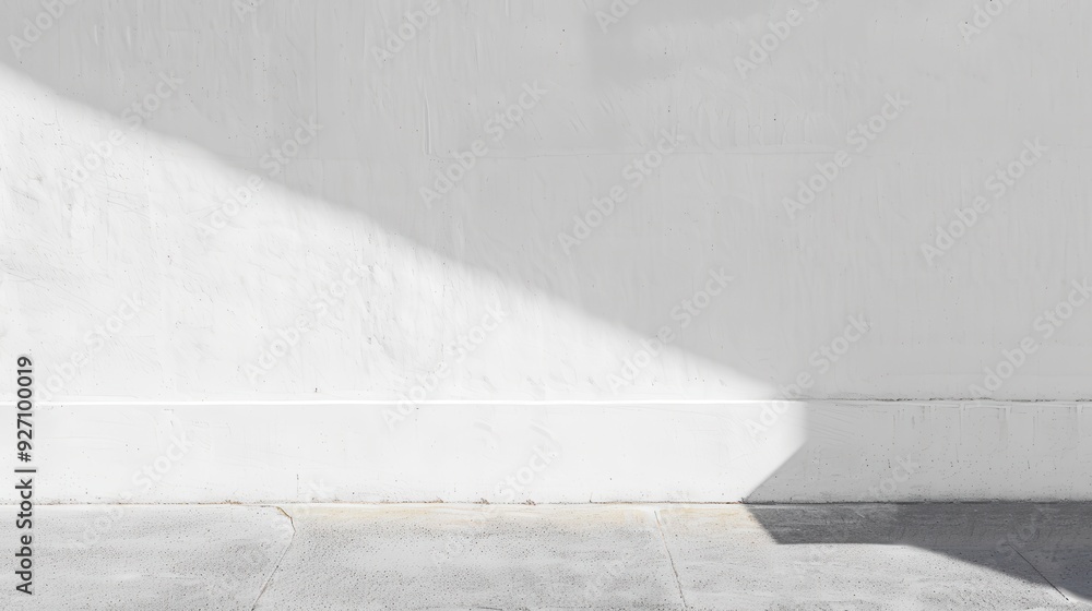 Poster A white wall with a single shadow cast by sunlight in the afternoon. The shadow is sharp and well-defined, extending from the top of the wall down to the concrete floor below.