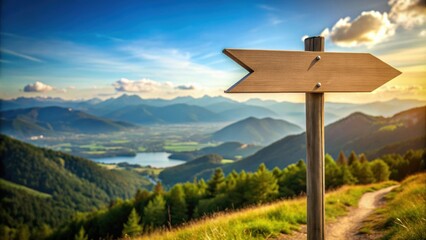 An arrow pointing towards a scenic view, direction, travel, explore, journey, destination, guidance, pathway, adventure, path, sign