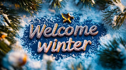 A welcome winter sign on a blue background surrounded by snow