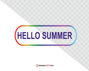 Hello summer button, sun and sale. Vector minimalistic illustration of sun rays, swimming pool with sun lounger and umbrella and tropical palm leaf, orange and sea beach with sand for background