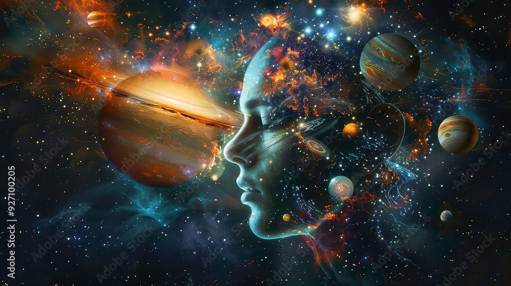 Wall mural a cosmic swirl of planets, stars, and a human face, suggestive of the vastness and mystery of the un