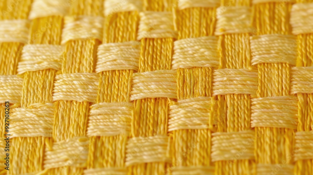 Poster a close-up shot of a yellow woven fabric, showcasing the intricate pattern created by the interwoven