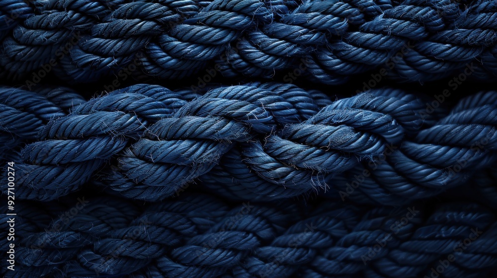 Poster A close-up image of a thick, dark blue rope, showing the intricate texture of the woven strands. The rope is coiled and layered, creating a visually interesting pattern.