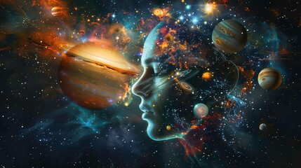 A cosmic swirl of planets, stars, and a human face, suggestive of the vastness and mystery of the universe.