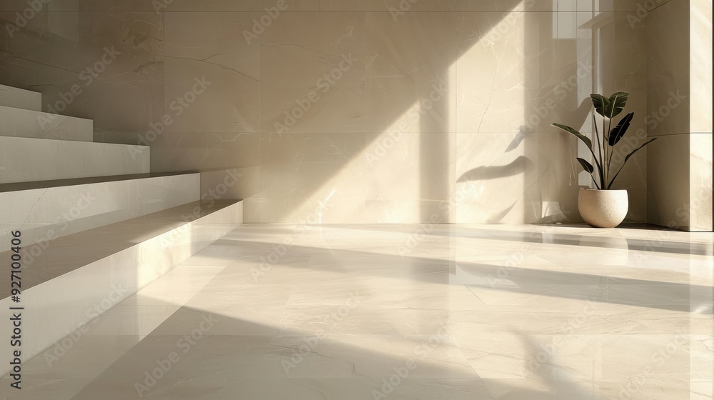Poster sunlight streams through a large window, illuminating a set of white steps in a modern, minimalist i