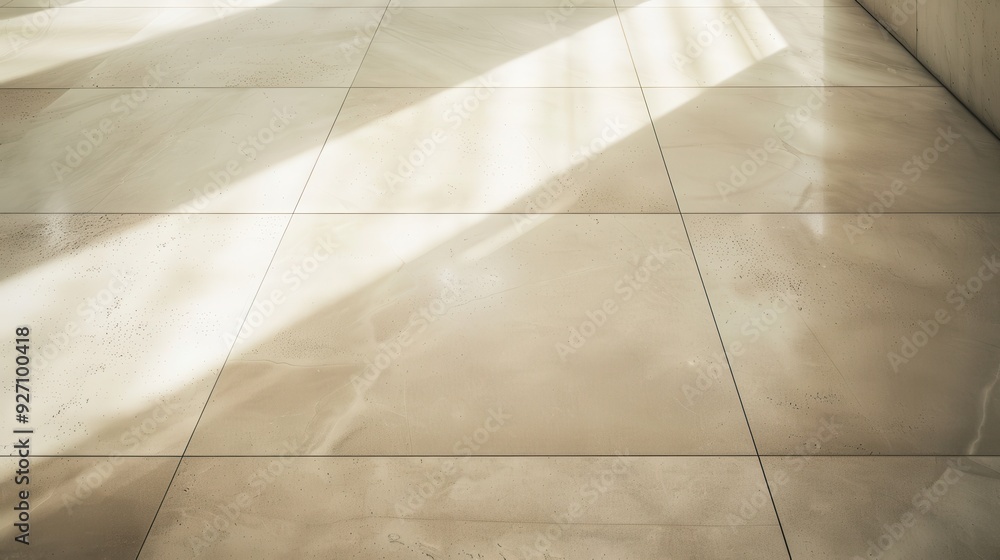 Aufkleber Sunlight streams through a window, casting long, diagonal shadows on a smooth, light-colored tiled floor. The tiles are arranged in a grid pattern, creating a subtle geometric design.