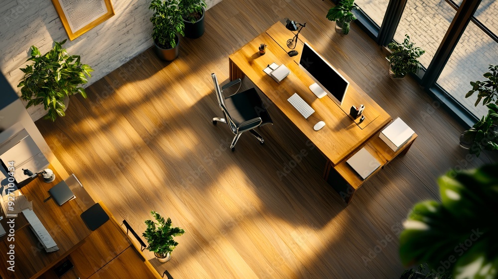 Poster A view of an office with a desk chairs and plants