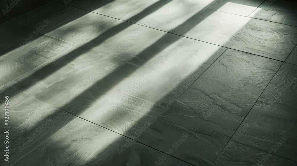 Aufkleber Sunlight streams through a window, casting long, parallel shadows onto a tiled floor. The light illuminates the textured surface of the tiles, highlighting their natural pattern.