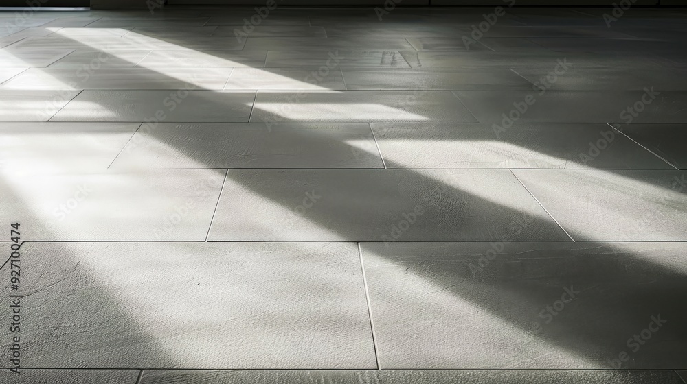 Poster sunlight streams through a window, casting long, diagonal shadows on a white tile floor in a modern 