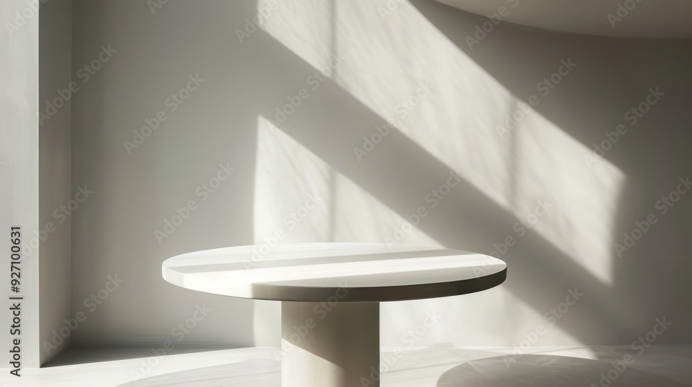 Poster a white, round table sits in a minimalist room with sunlight streaming through a window, casting lon
