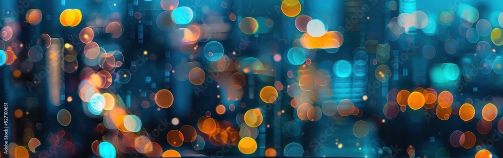 Poster a photograph of a city at night with a bokeh effect. the lights of the city are blurred, creating a 