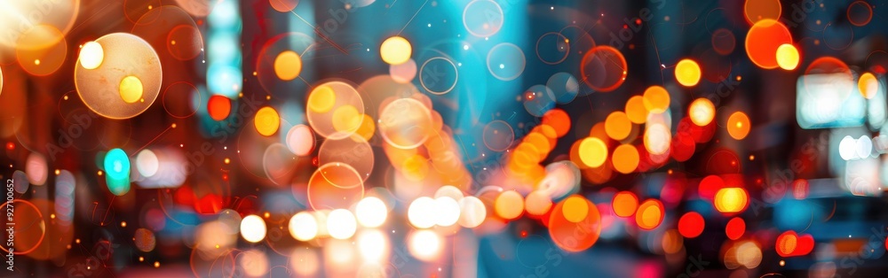 Poster a close-up, blurred image of colorful city lights at night, creating a bokeh effect. the vibrant col