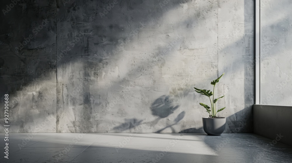 Poster a single plant, potted in a gray pot, sits in the corner of a room. sunlight streams in from a nearb