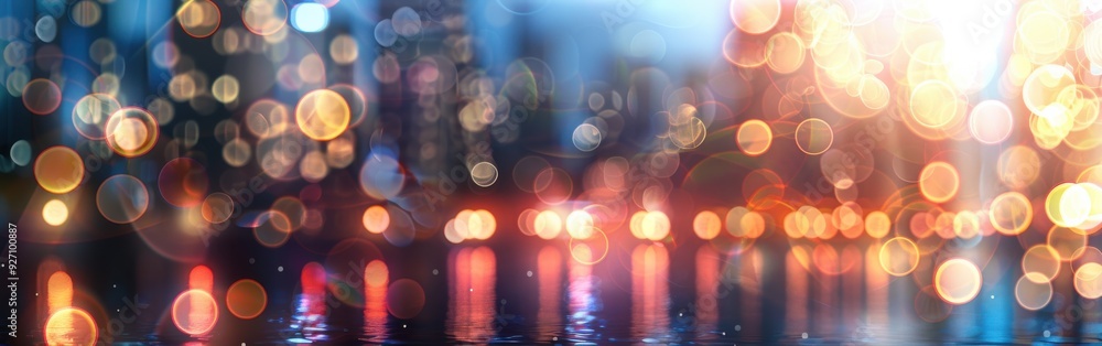 Poster a close-up view of vibrant out-of-focus lights reflecting in puddles of water after a rain shower. t