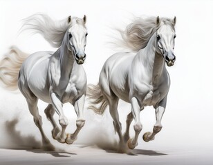 Fototapeta premium Heavenly Motion: White Arabian Horses on a Pristine Background