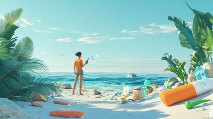 Eco Warrior: 3D Illustration of a Dedicated Individual Organizing a Beach Cleanup for Environmental Activism and Promoting a Sustainable Lifestyle