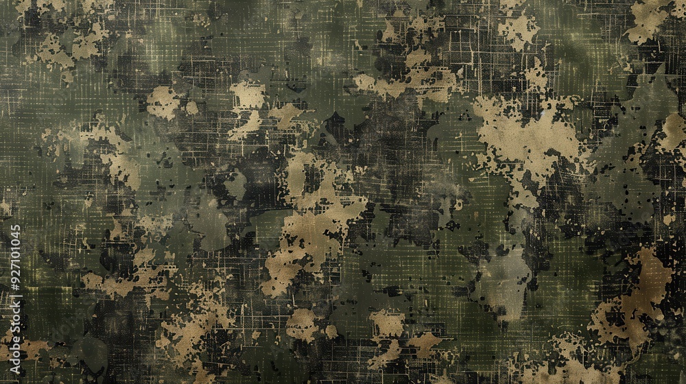 Leinwandbilder An abstract camouflage pattern features green and beige splotches against a darker green backdrop. A subtle grid pattern overlays the entire image. The colors and shapes create a unique and visually i