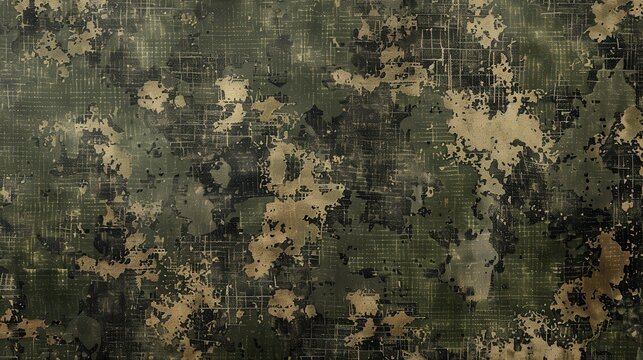 An abstract camouflage pattern features green and beige splotches against a darker green backdrop. A subtle grid pattern overlays the entire image. The colors and shapes create a unique and visually i