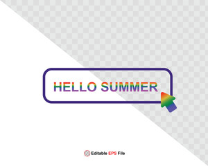 Hello summer button, sun and sale. Vector minimalistic illustration of sun rays, swimming pool with sun lounger and umbrella and tropical palm leaf, orange and sea beach with sand for background