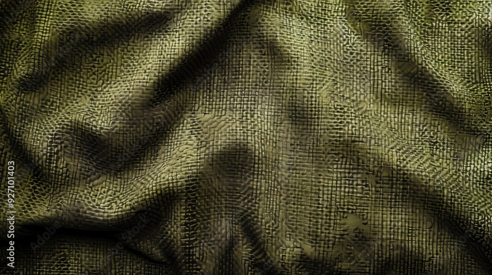 Poster This is a close-up photo of a piece of green fabric with a geometric pattern. The fabric has a wrinkled texture and is illuminated by a light source that casts shadows on its surface, making the patte