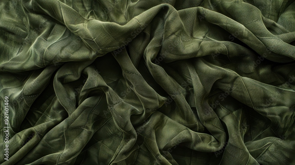 Aufkleber A close-up photograph of green fabric with wrinkles and patterns, creating a textured and abstract visual. The fabric is soft and flowing, with a subtle sheen. The light reflects off the surface, high
