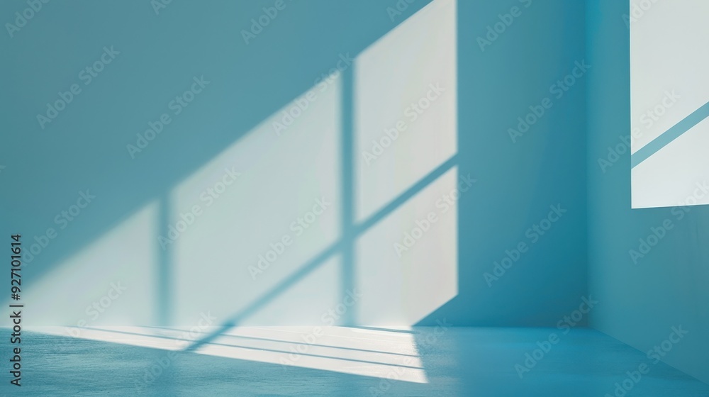 Poster sunlight shines through a window, casting rectangular shadows on a blue wall. the room has a blue fl