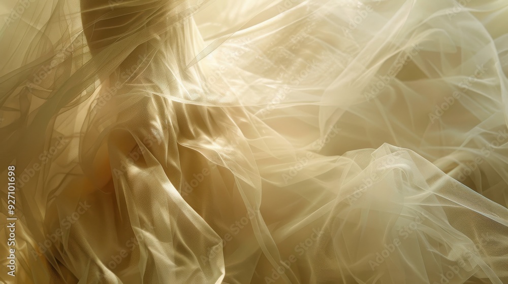 Poster layers of ivory tulle fabric are gently gathered and draped, casting soft shadows as light filters t