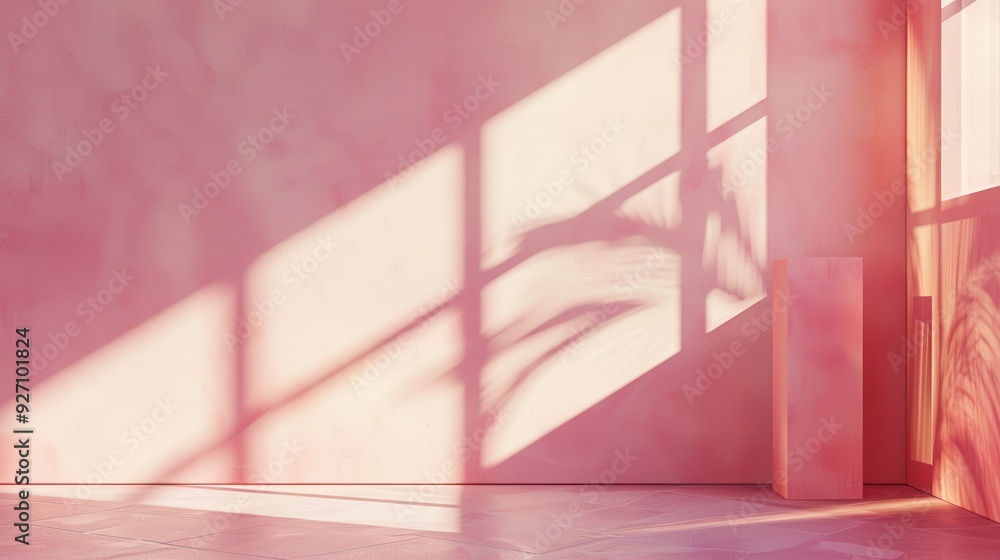 Aufkleber Sunlight streams through a window, casting a delicate pattern of light and shadow onto the pink wall of an empty room. The warm glow illuminates the floor and creates a soft, inviting ambiance.