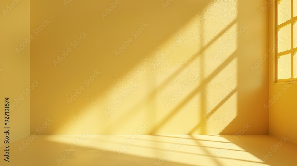 Aufkleber Sunlight streams through a window in a bright yellow room, casting long shadows on the walls and floor. The warm light creates a calming and inviting atmosphere.