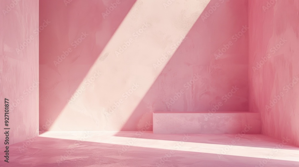 Aufkleber a minimalist interior space with pale pink walls and a diagonal beam of sunlight cutting through the